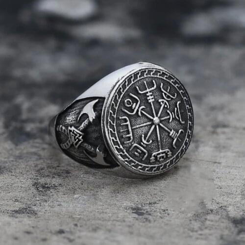 Nordic Viking Totem Rings Double Axe Compass Odins Symbol Ring for Men Him Mythology Punk Male Jewelry