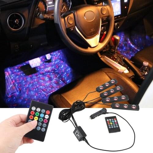 4Pcs/set RGB Color LED Strip Atmosphere Lamp Music voice control Car Interior Foot Light USB Cigarette lighter LED Bulb