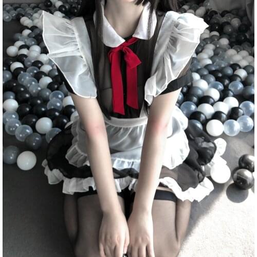 TINY-JONY Kawaii Sexy Transparent Cosplay Costumes Maid Sexy Lingerie for Women High Quality Temptation Dress With Cute Bowknot