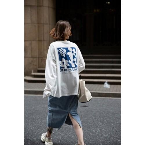 French Early Autumn White Back Flower English Printed All-match Long-Sleeved T-shirt