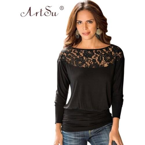 ArtSu Autumn Winter All Match Long Sleeve Casual T Shirt Patchwork Hollow Out Sexy Floral Lace Tops Women Plus Size Tee Shirt