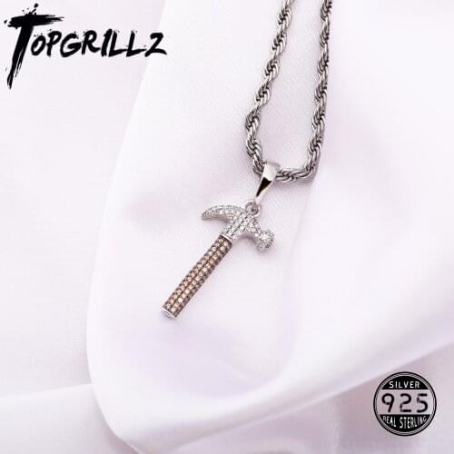 TOPGRILLZ 925 Sterling Silver Hammer Pendant Bling Ice Crystal Zircon Necklace Fashion Charm For Women