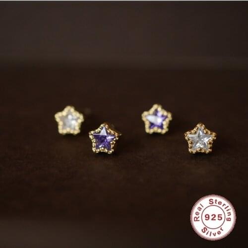CCFJOYAS 925 Sterling Silver Five-pointed Star Earrings for Women Simple INS Purple/White Mini Exquisite Piercing Stud Earrings