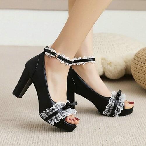 Plus Size 34-45 PU Leather Women High Heel Shoes Platform Square High Heel Women Pumps Sweet Butterfly Knot Dress Ladies Shoes