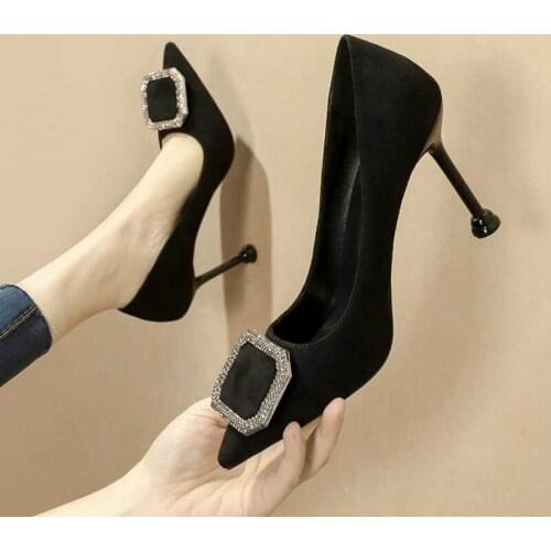 Womens High Heels 2021 New All-match French Girl Pointed Sexy Stiletto Square Buckle Professional Single Shoes Black Suede