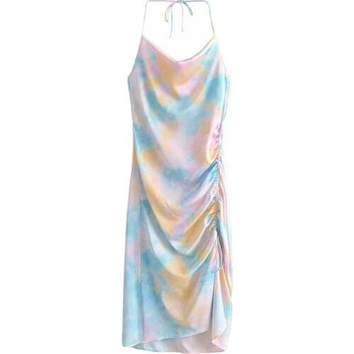 Women Za Chic Fashion With Draped Color Print Midi Dress Sxey Party Backless Thin Straps Female Dresses Vestidos Mujer