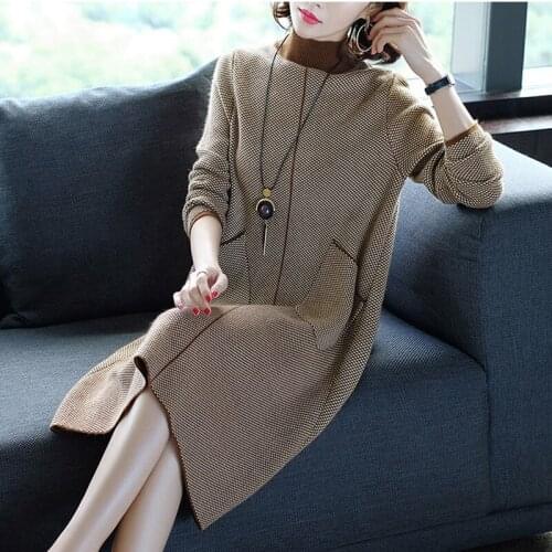 Winter Houndstooth Loose Knitted Turtleneck Sweater Dresses 2021 Autumn Casual Elegant Bodycon Women 3XL Plus Size Wool Sweaters