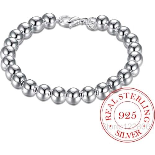 100% 925 Solid Real Sterling Silver Fashion 8MM Beads Bracelet Pulseras 21cm For Teen Girl Lady Jewelry