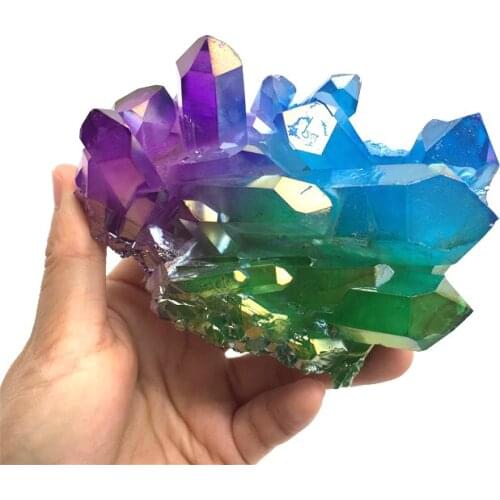 680g Natural Three-Colour Angel Aura Quartz Point Electroplated Crystal Cluster Healing Specimen