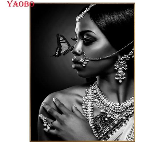 African woman butterfly diamond embroidery diamond mosaic full square round 5d diy diamond painting black white wall art photo