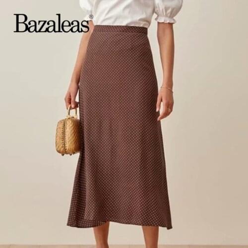 Bazaleas Elegant White Dot Print Midi Skirts Womens Summer Chiffon Brown Girl Skirt High Waist Bottom
