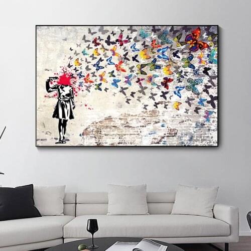 Banksy Artwork Girl with Butterfly Canvas Paintings on The Wall Abstract Horse Riding Pictures Prints for Modern Home Room Decor