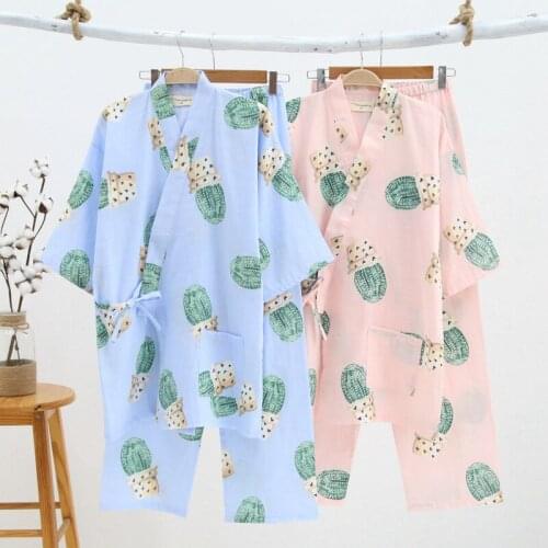 Home service kimono pajamas women spring and autumn Japanese cotton gauze Sleepwear loose yukata breathable пижама