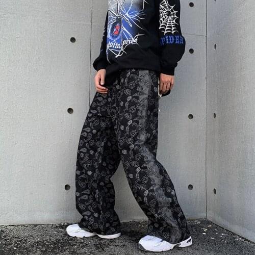 Harajuku Retro Cashew Flower Jeans Pants Mens Loose Straight Wide Leg Denim Trousers Streetwear Patchwork Casual Pants