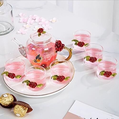 Exquisite Red rose Enamel Flower Tea Glass Cups for Hot and Cold Drinks Glass Cup Set Home Drinkware Office Gift Box Tea set