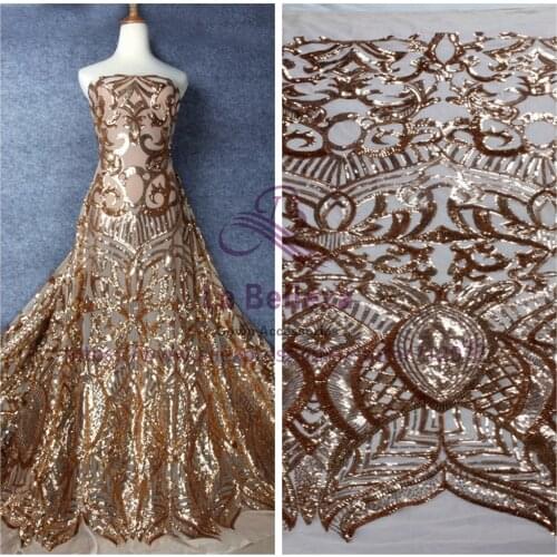 La Belleza 1 yard gold /green/black/red /Champgane on nude net embroidery sequins evening/wedding dress lace fabric 51