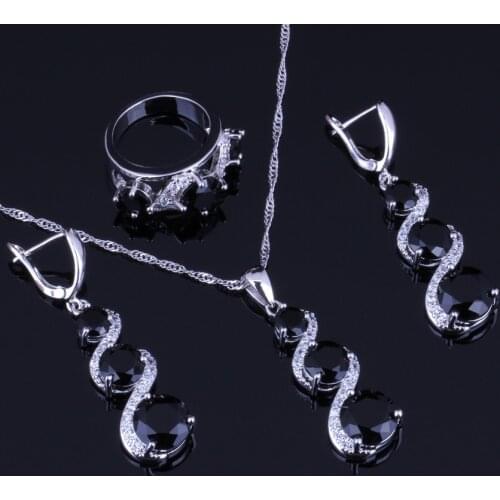 Incredible Round Black Cubic Zirconia White CZ Silver Plated Jewelry Sets Earrings Pendant Chain Ring V0031