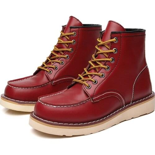 Autumn Red Retro Men Martin Boots Comfortable Genuine Leahter Ankle Boots for Men Lace up Chunky Cowboy Boots Men botines hombre