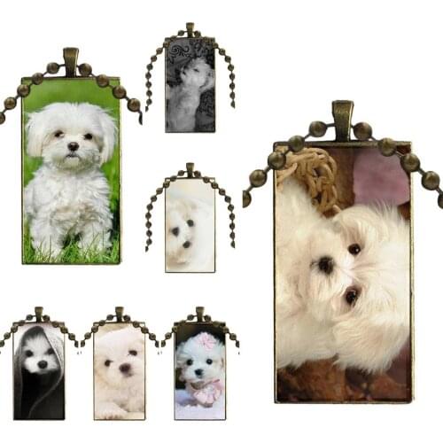 For Girls Best Gift Glass Cabochon Pendant Necklace Rectangle Fashion Necklace I Love My Maltese Dog White Cute Dogs