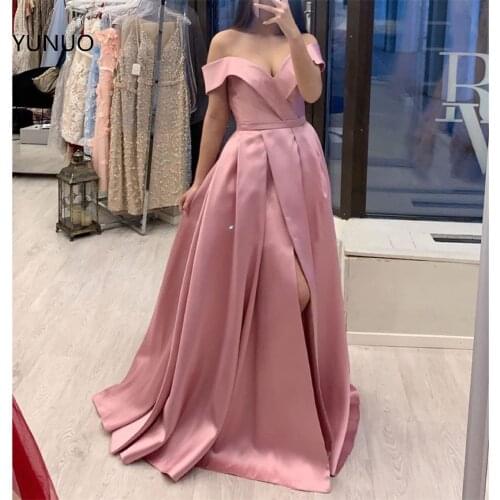 YUNUO Simple Satin Prom Dresses A-Line Off the Shoulder vestido de fiesta graduación High Split Evening Formal Dress Party Gowns