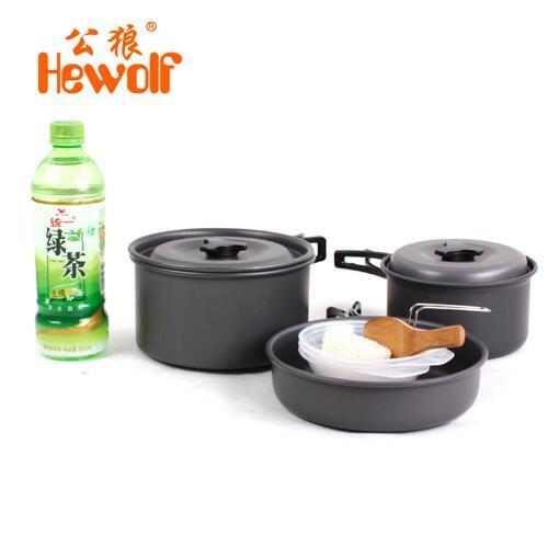 Hewolf 8pcs/set Aluminmum Portable Outdoor Camping Cookware Backpacking Cooking Picnic Bowl Pot Pan Kits for 2-3 People