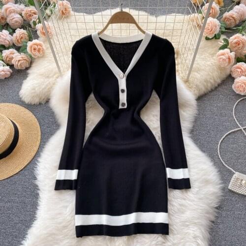 SINGREINY Women Korean Knitted Dress Long Sleeve V Neck Elastic Slim Sheath Dresses 2021 Autumn Bodycon Streetwear Sweater Dress