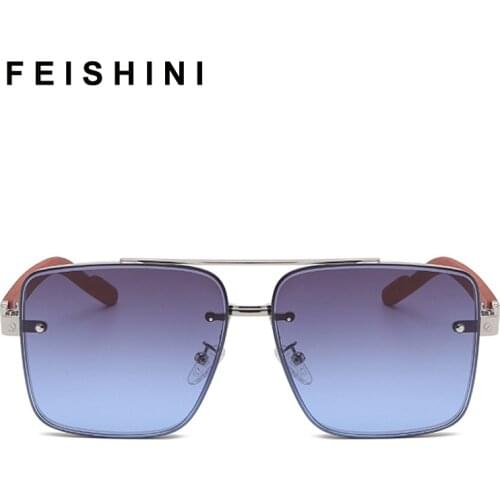FEISHINI Imitation Wood Grain Leg Sunglasses Man Retro Rimless Celebrity Square Sun glasses Men Fashion Goggle Eyeglasses COOL