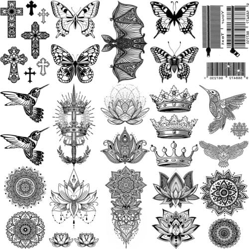 3D Lotus Pendant Mandala Bird Temporary Tattoos For Women Adult Girl Crown Cross Bat Butterfly Fake Tattoo Neck Hand Small Tatoo