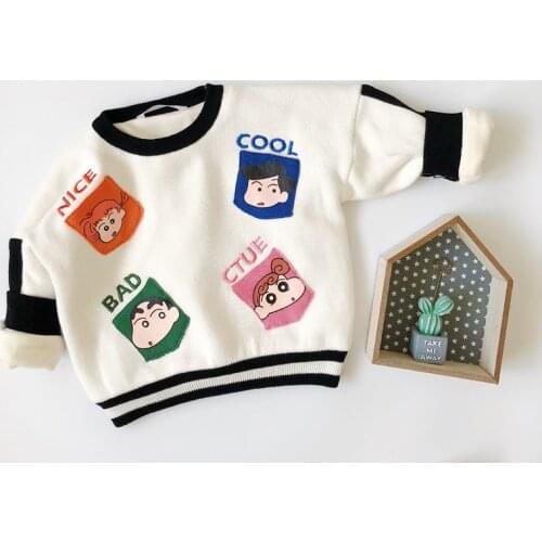 Tonytaobaby Winter New Boys and Girls Cartoon Pocket Printed Knitted Sweater with Plush Warmth