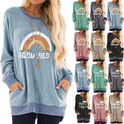 T Shirt Women Summer Clothes 2021 Ladies Rainbow Printing Round Collar Color Pocket Fleece Long Sleeve T-shirt Tshirt CHF5001