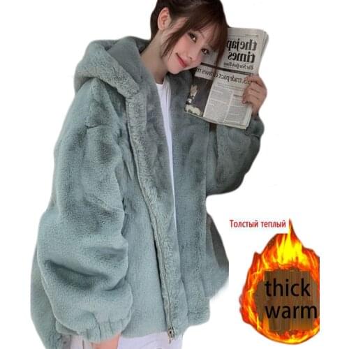 Plus Size Winter jacket Women Faux Rabbit Fur Coat Luxury Hooded Fur Coat Loose OverCoat Thick Warm Oversized Female Plush Coats