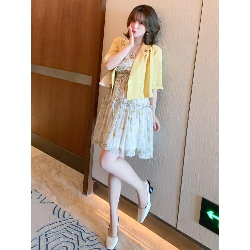 High quality Short suit coat + condole belt with printing new two-piece women summer dress