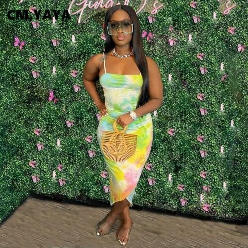 CM.YAYA Women Dress Print Spaghetti Strap Slash Neck Skinny Elastic Asymmetrical Long Dresses Office Lady Street Fashion Outfit