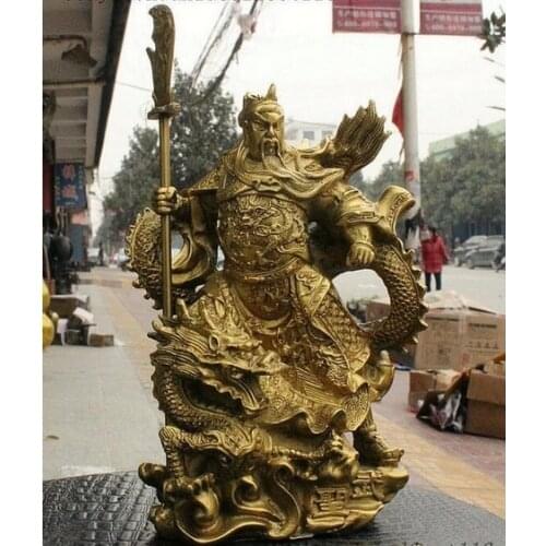 23cm China Brass Dragon Robe Stand Dragon Warrior Guan Gong Yu Door-God Sword Statue