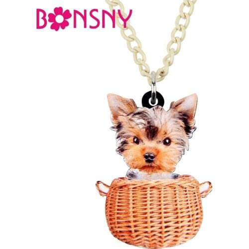 Bonsny Acrylic Sweet Basket Yorkshire Terrier Dog Necklace Pendant Chain Choker Animal Pets Jewelry For Women Girls Gift Bijoux