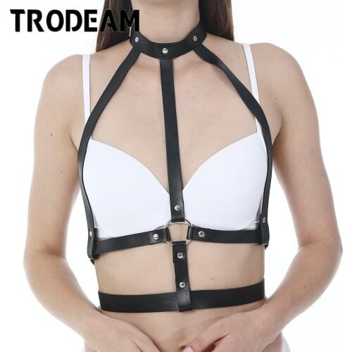 TRODEAM Leather Harness Bdsm Collar Bondage Bra Cage Sexy Erotic Fetish Gothic Leather Chest Lingerie Sexy Body Harness women