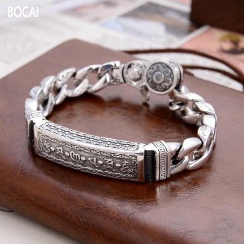 BOCAI 2021 Fashion New Real s925 Silver Six-character Mantra Heart Sutra Good Luck Turning Man Bracelet
