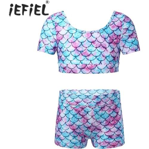 Kids Girl Mermaid Clothing Sets Short Sleeve Tanks Crop Top T shirt Sport Shorts Summer Ballet Dance Gym Workout Yoga Sport Suit