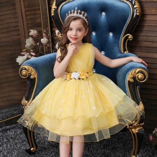 Child Yellow Layered Lovely Girls Birthday Dresses For Kids Fluffy V-neck Flower Little Girl Dress Knee-Length 2-8 Years Old