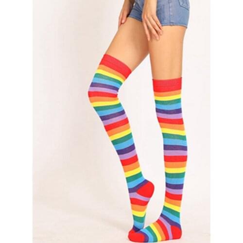 European And American Trend Rainbow Stripes Long Paragraph Large Size Long Tube Was Thin Over The Knee Legs Ladies Socks