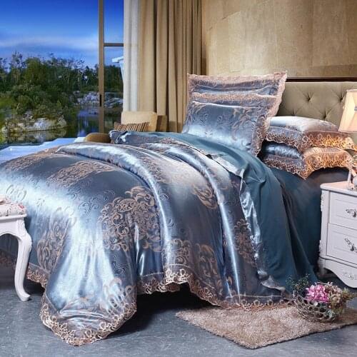 Blue Lace Bedding Sets Satin Jacquard Bed Set European Style Bedding Modal Bed Linen Double Bed Rounded Sheet Pillowcases