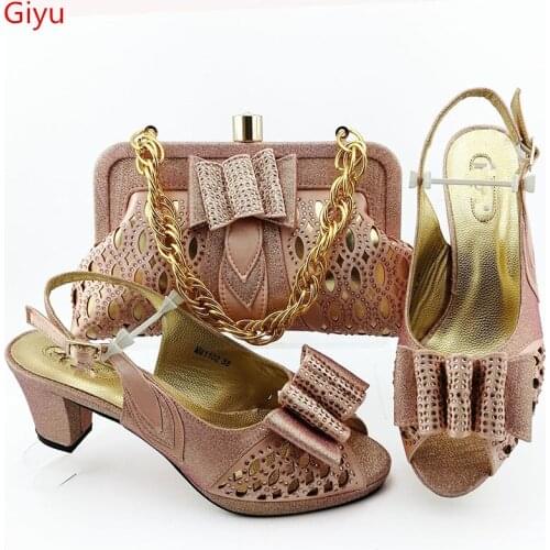 Doershow beautiful peach Italian Shoes With Matching Bags African Women Shoes and Bags Set For Prom Party Summer SandalHGO1-19