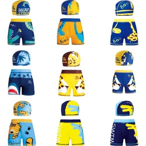 Hot Seller 5-12T Kids Swimsuit Cartoon Print Swim Trunk Boy Swimwear with Hat Beach Shorts for Toddler Children Bath Short
