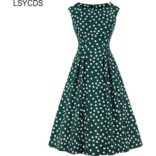 LSYCDS Elegant Vintage Polka Dot Dress Women High Waist Slim Midi Mid-Calf Dresses Sleeveless O-Neck Party Summer Casual Dress