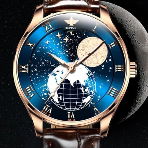 OUPINKE Automatic Watch Men Miyota Mechanical Wristwatch 3D Earth Moon Phase 40mm Stainless Steel Luminous Clocks Reloj Hombre