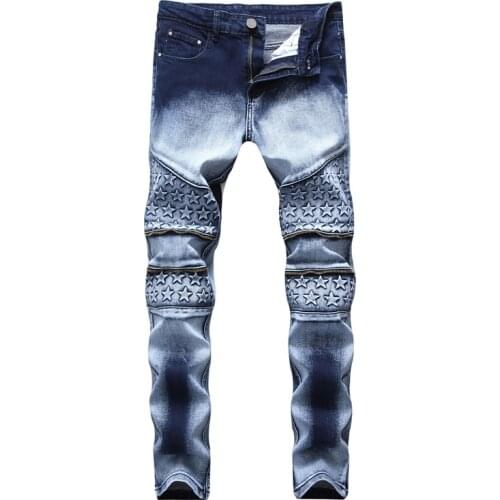 Mens Jeans Straight New Brand Jeans Men Blue Denim Stretched with Zipper Male PantsSlim New Hi-Q Mens Scratched Trousers