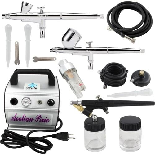 OPHIR 0.2&0.3mm Dual-Action Airbrush Kit & 0.8mm Single-Action Airbrush w/ Air Compressor for Nail Art Makeup_AC088+004A+071+073