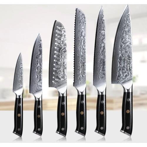 TURWHO 6 PCS Kitchen Cooking tools Set of Utility Cleaver Chef Bread Knife Japanese Damascus Steel Knives sets With G10 handle