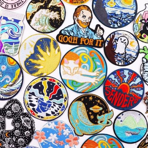 Van Gogh Waves Applique Emroidered Patches On Clothes Outdoor Space Patch Iron on Patches For Clothing Stickers Cartoon Badges