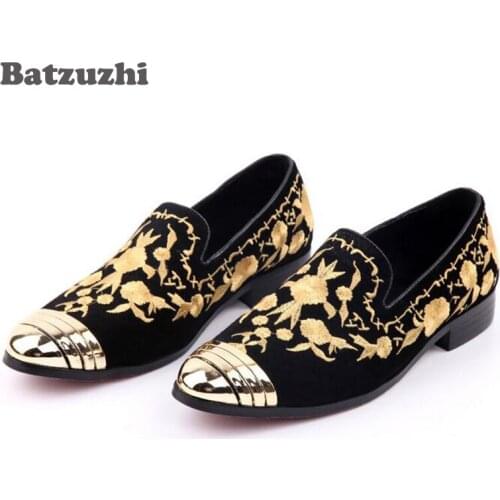 2018 New Suede Leather Men Shoes with Hand Stitch Embroidery Metal Tip Loafers Mens Evening Wedding Party Shoes, Batzuzhi Brand